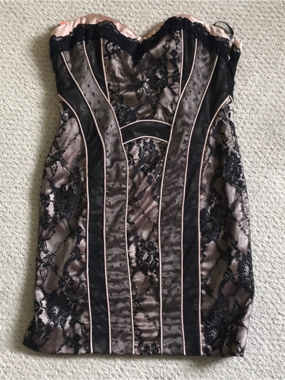 Bebe Strapless Lace pink black Bodycon fitted mini Dress